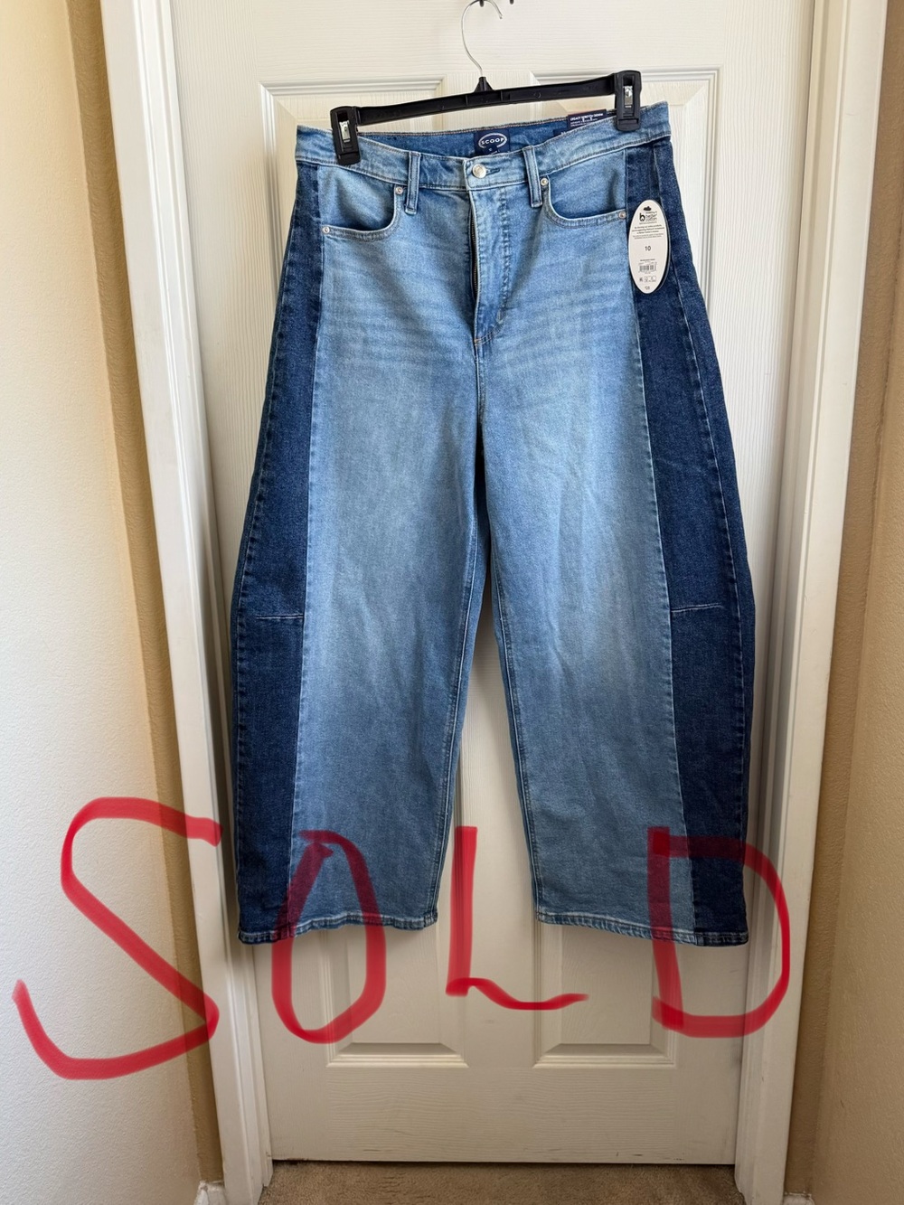 Two-Tone Light & Dark Blue Patchwork Wide Leg Jeans - Women